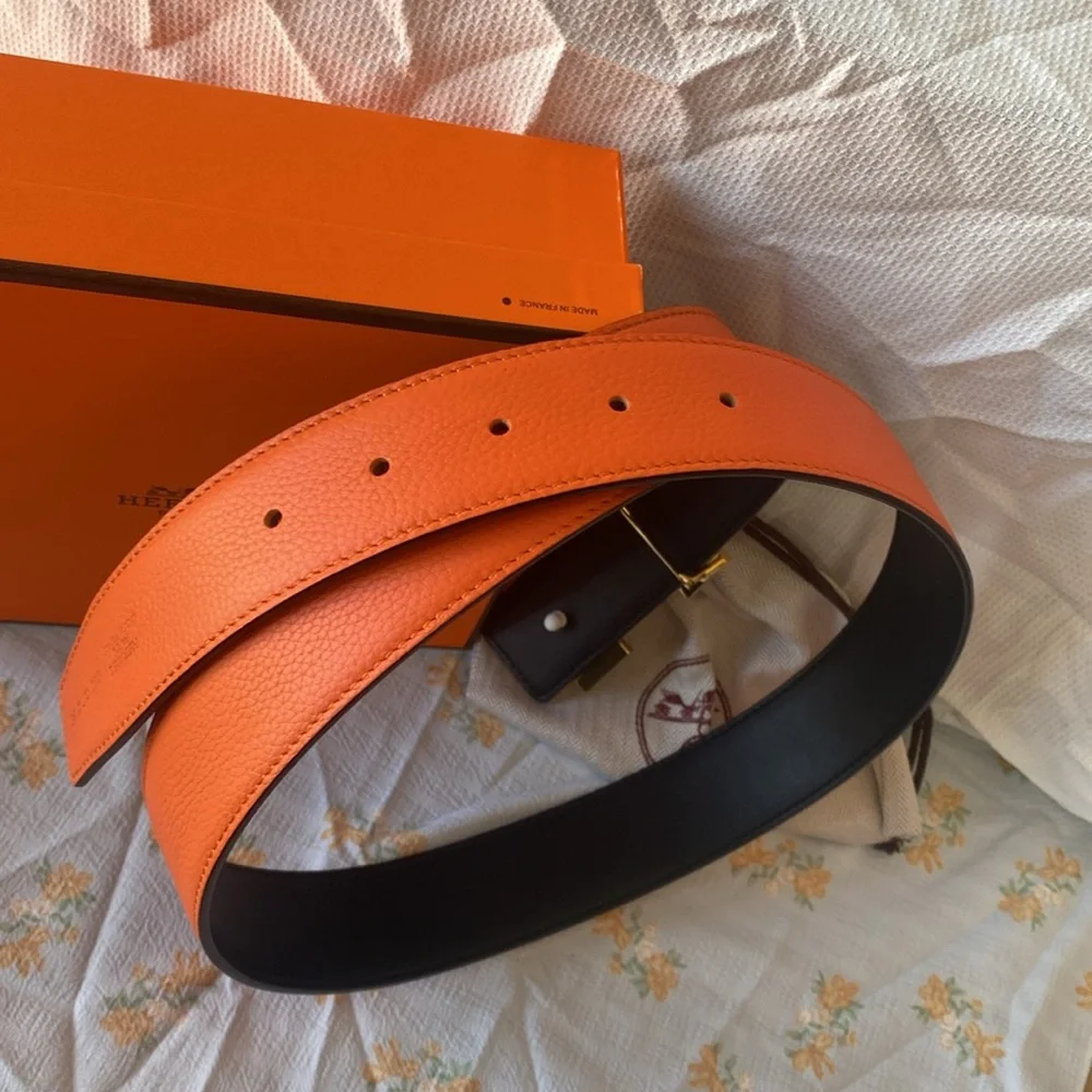 Double Sided Belt Metal Belt H Buckle Hermes Orange/Black